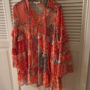 Olivaceous Ruffled Orange Floral Mini Dress Small